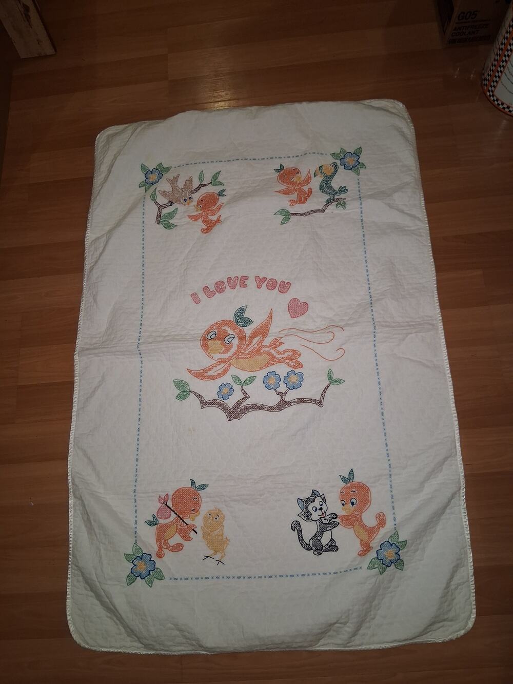 Vintage Disney Quilt Hand Embroidered Orange Bird Nursey Baby Quilt